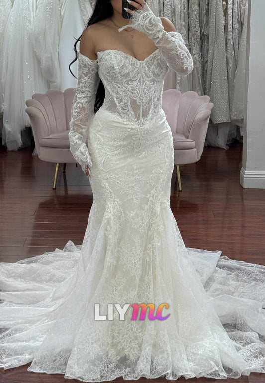 Off Shoulder Lace Mermaid Wedding Dress with Long Sleeves