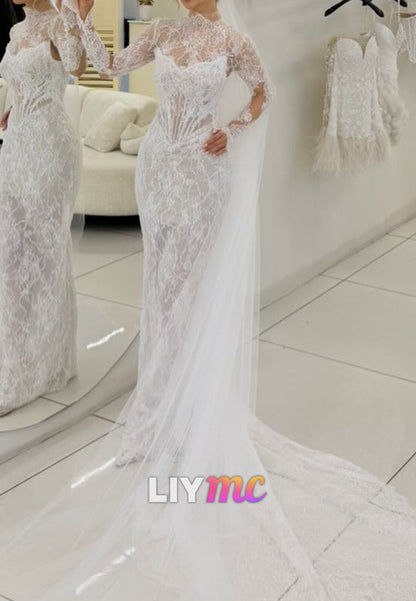 Mock Neck Long Sleeve Lace Mermaid Wedding Dress