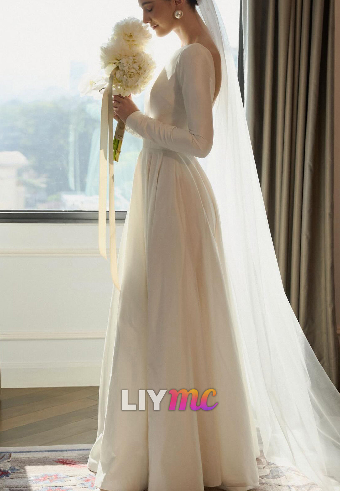 Minimalist Long Sleeve Open Back Satin Wedding Dress