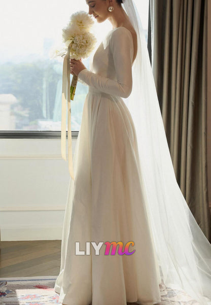 Minimalist Long Sleeve Open Back Satin Wedding Dress