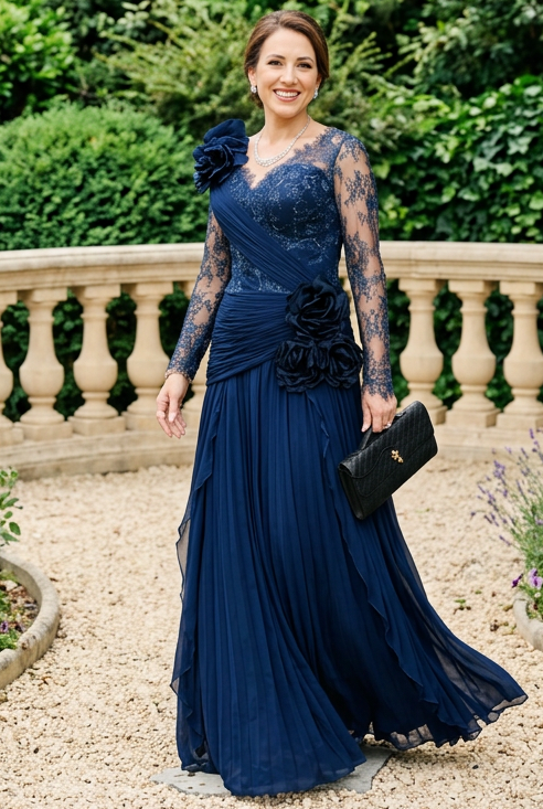 Lace & Ruched Evening Gown with 3D Rosettes