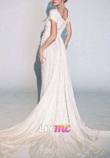 Floral Applique Cap Sleeve Sheath Wedding Dress