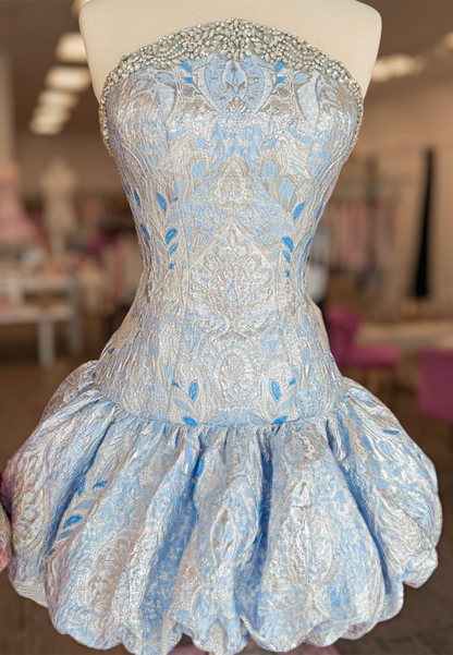 Strapless Rhinestone Jacquard Bubble Hem Dress