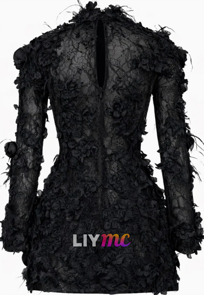 Long Sleeve 3D Rose Lace Mini Dress with Feather Trim