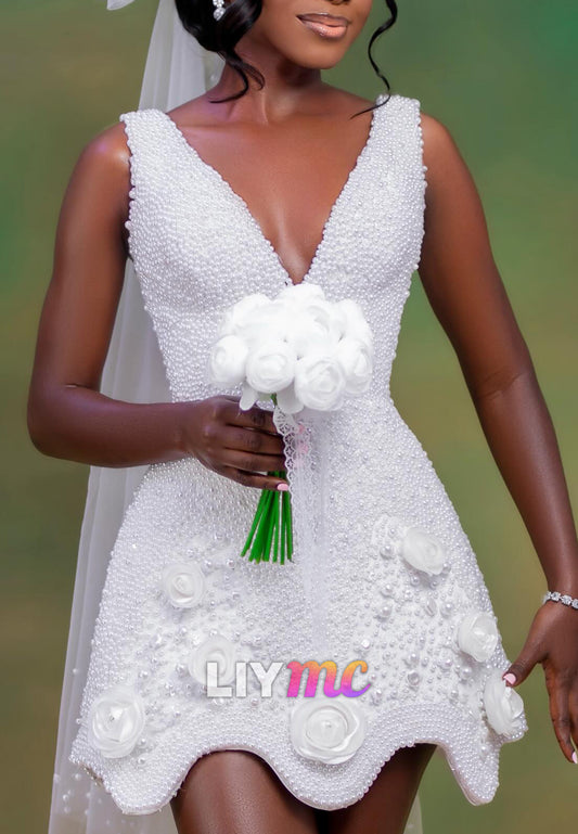 Pearl Beaded Mini Wedding Dress with 3D Flowers