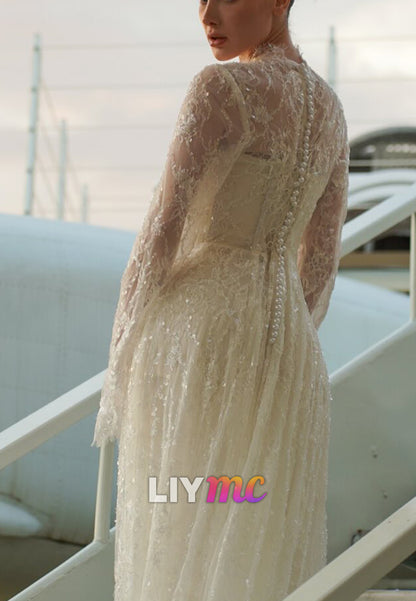 Illusion High Neck Lace Long Sleeve Wedding Dress