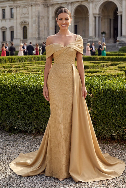 Beaded Evening Gown with Draped Satin Train