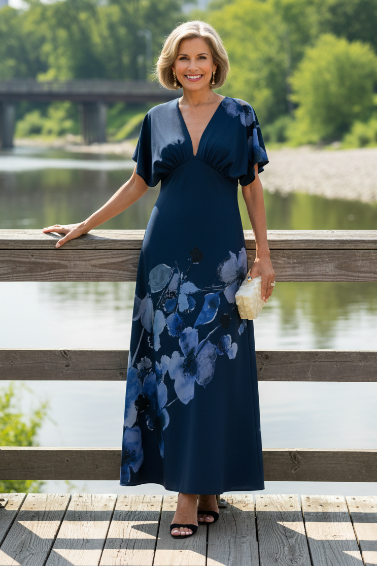 Floral Print Kimono Sleeve Maxi Dress with Empire Waist