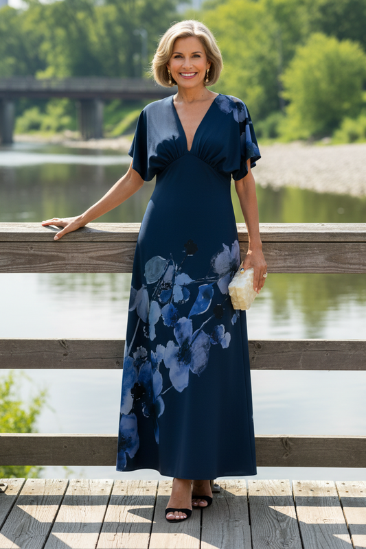 Floral Print Kimono Sleeve Maxi Dress with Empire Waist