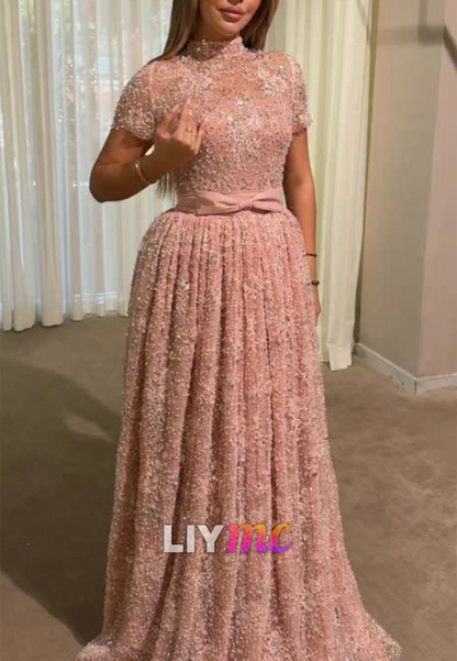 Beaded High Neck A-Line Gown with Bow Belt