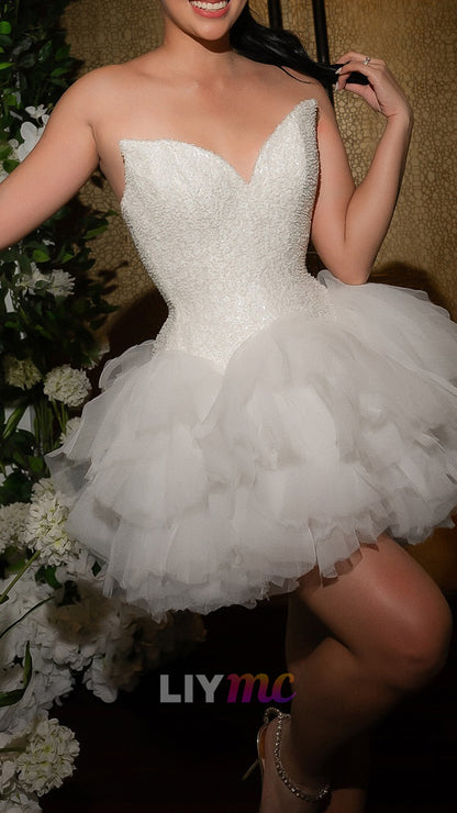 Strapless Beaded Bodice Tulle Tiered Mini Dress