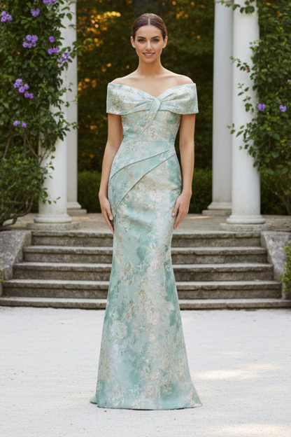 Floral Jacquard Off-the-Shoulder Mermaid Evening Gown