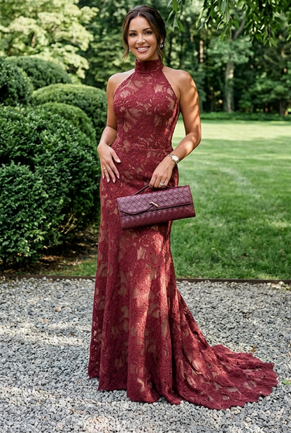 Halter High-Neck Lace Evening Gown
