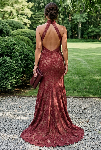 Halter High-Neck Lace Evening Gown
