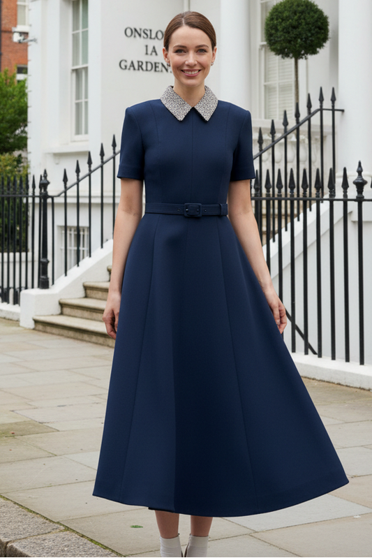 Short Sleeve A-Line Midi Dress with Embellished Collar