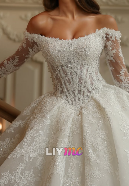 Off-Shoulder Lace Corset Ball Gown Wedding Dress