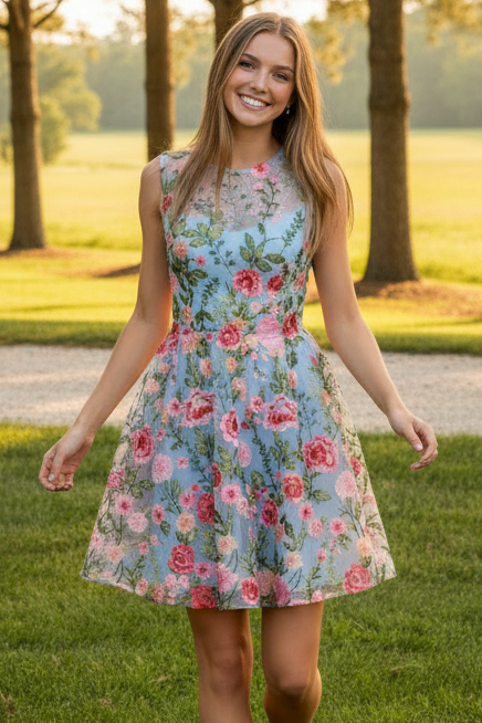 Floral Embroidered Mesh Fit and Flare Mini Dress