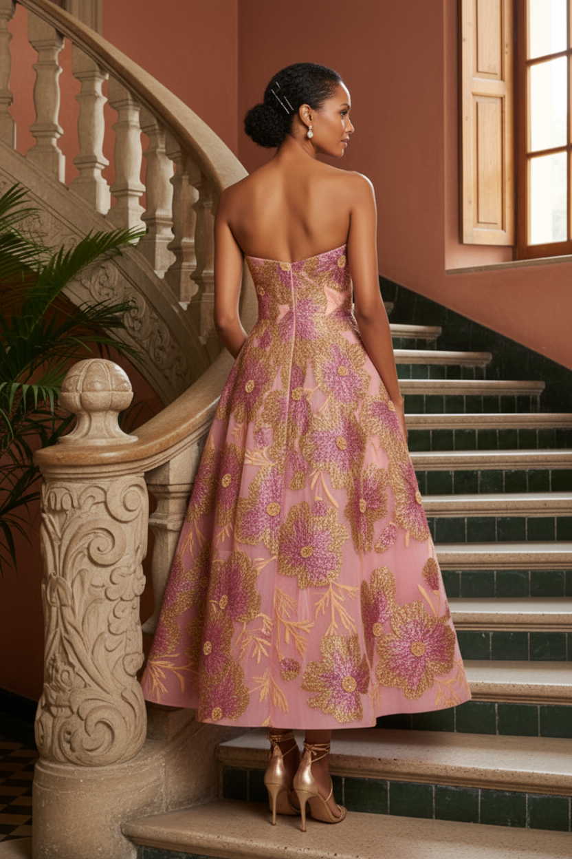 Floral Sequin Strapless Tea-Length Dress