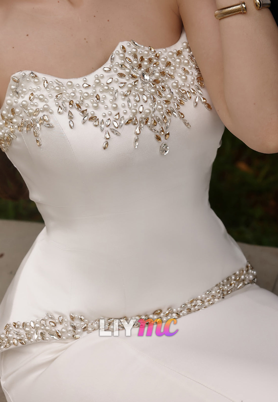 Strapless Pearl Beaded Mermaid Wedding Gown