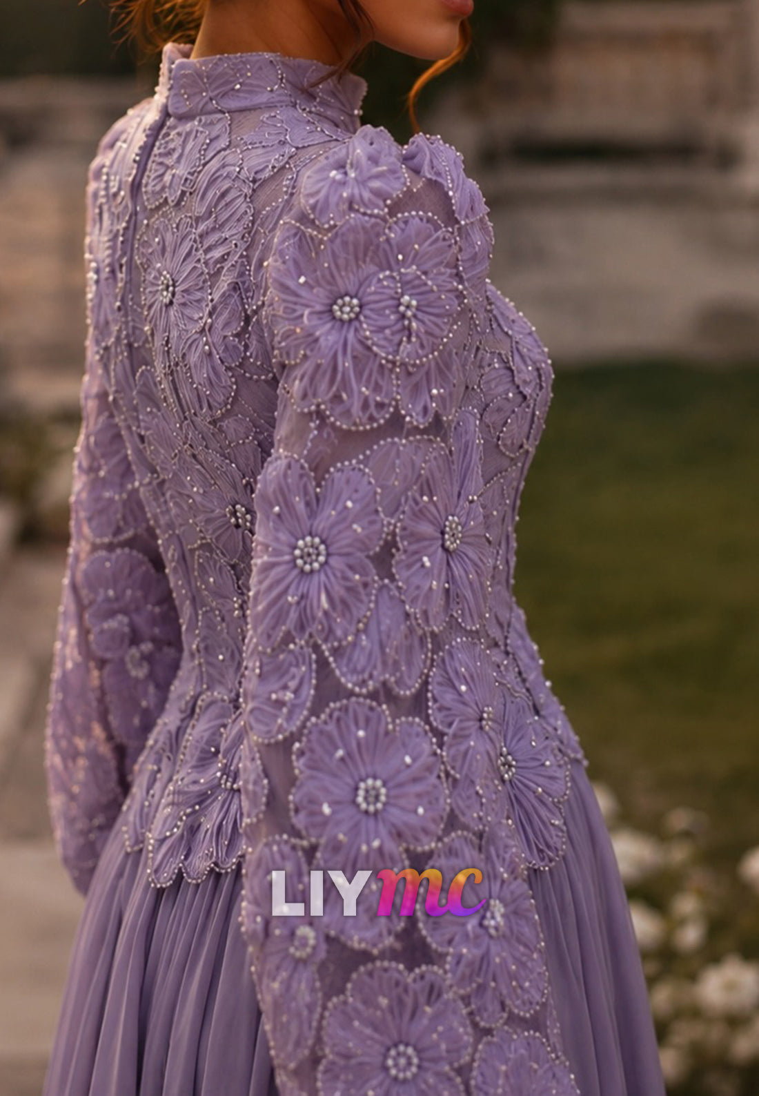 Lace Bodice Long Sleeve Tulle A-Line Evening Gown