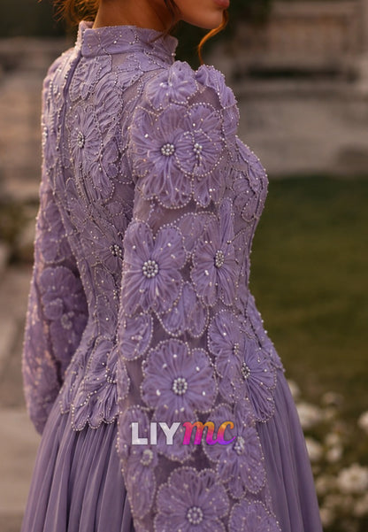 Lace Bodice Long Sleeve Tulle A-Line Evening Gown