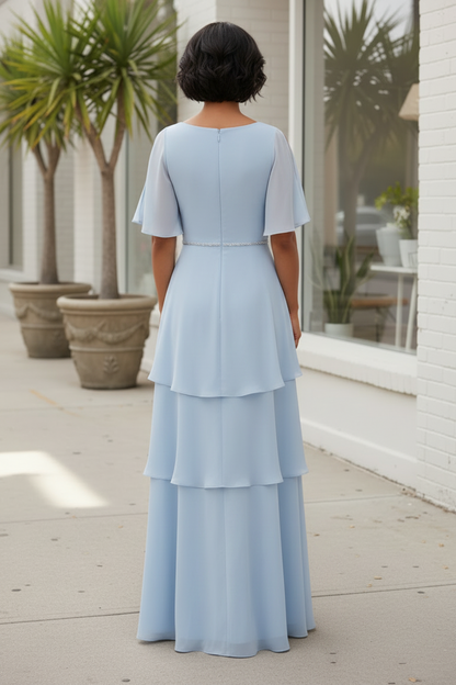 V-Neck Flutter Sleeve Tiered Chiffon A-Line Gown