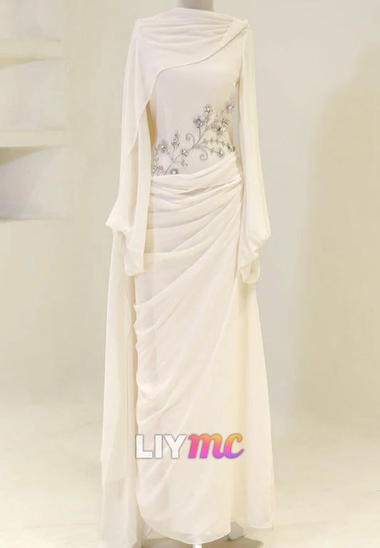 Chiffon Long Sleeve Draped Gown with Beaded Details