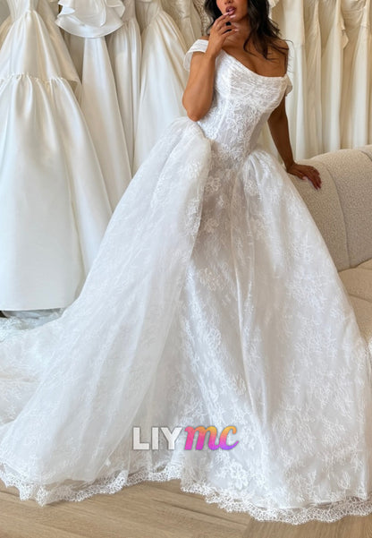 Off-Shoulder Lace Ball Gown Wedding Dress with Train