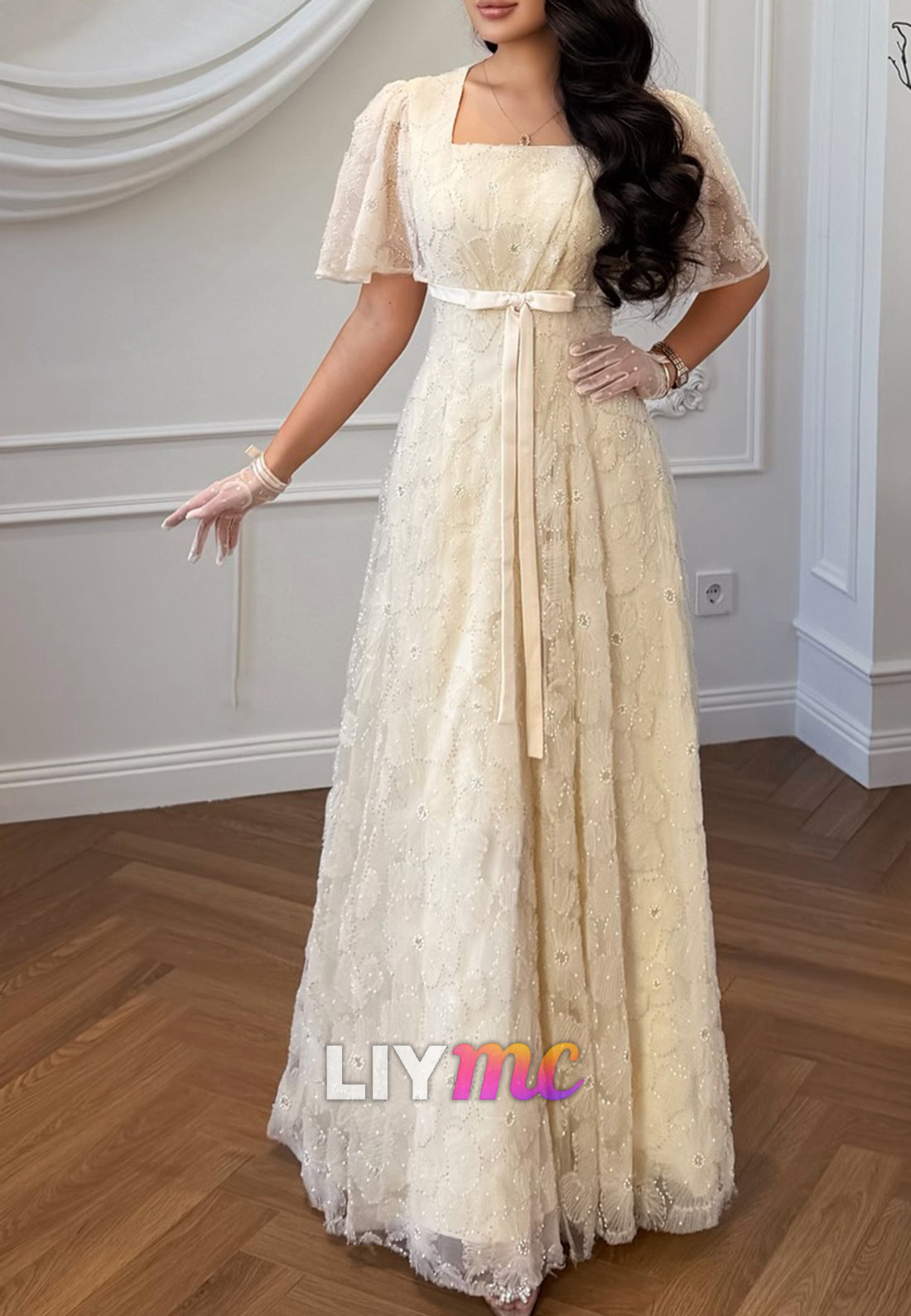 Square Neck A-Line Lace Evening Gown with Flutter Sleeves
