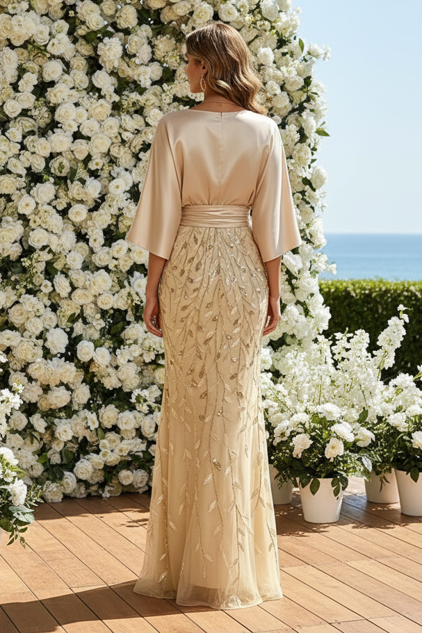 Elegant Bell Sleeve Satin and Sequin Evening Gown