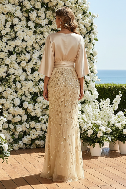 Elegant Bell Sleeve Satin and Sequin Evening Gown