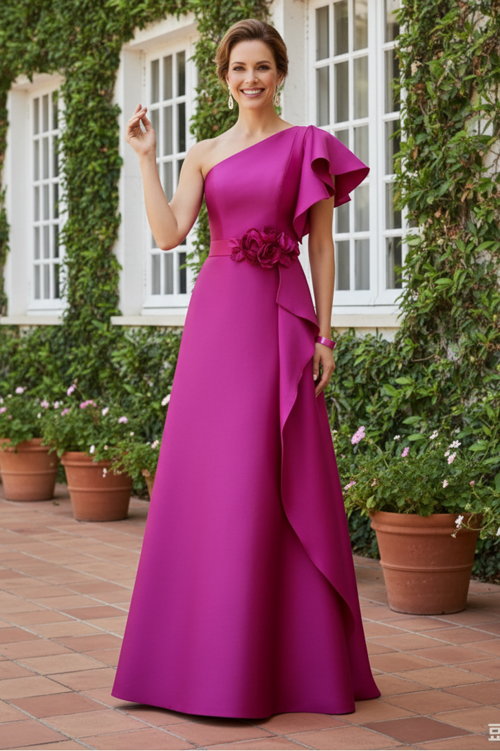 One-Shoulder Satin Gown with Cascading Ruffle