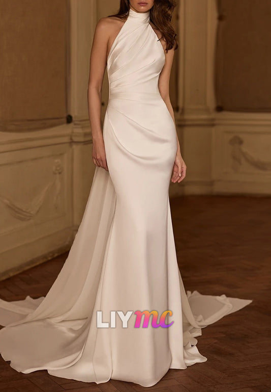 Halter Neck Ruched Satin Mermaid Wedding Dress