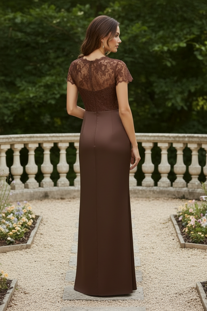 Lace and Satin Column Gown with Cascading Ruffle