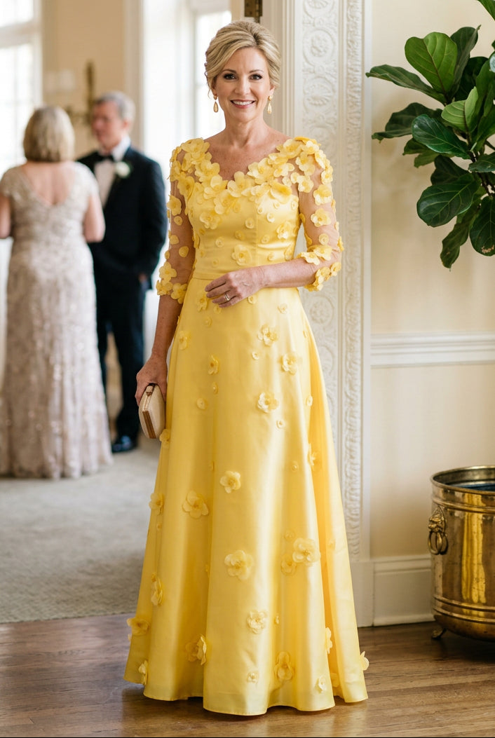 3D Floral Applique A-Line Evening Gown
