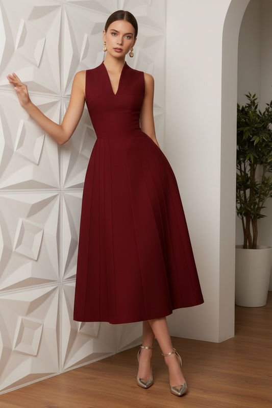 Sleeveless Pleated V-Neck Midi A-Line Dress