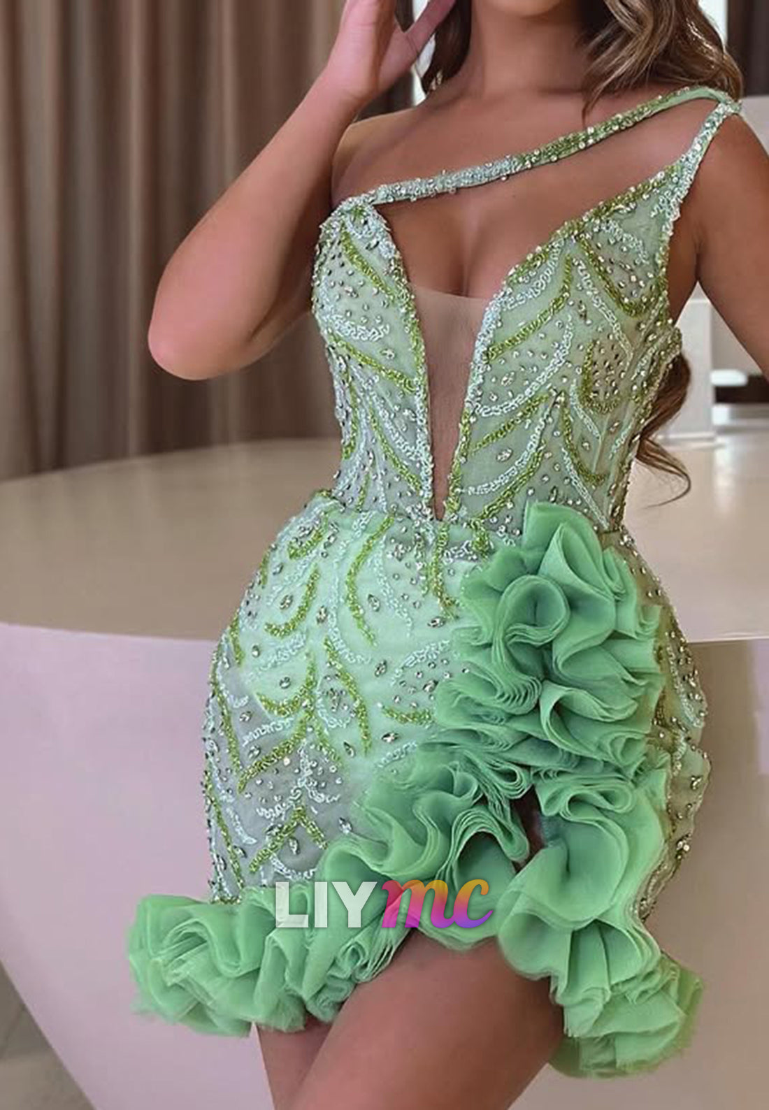 One-Shoulder Beaded Mini Dress with Ruffle Trim