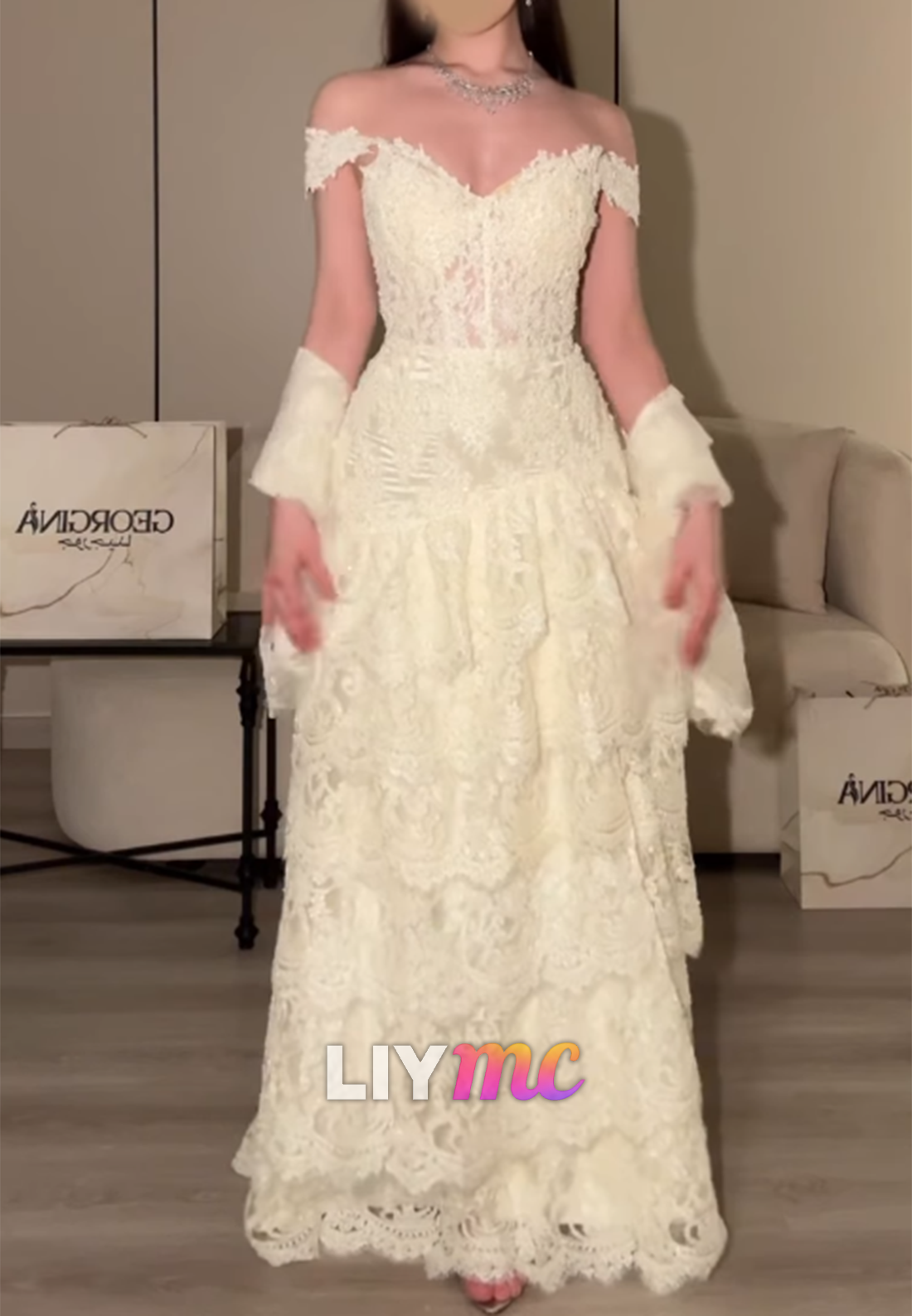 Off-the-Shoulder Tiered Lace Evening Gown