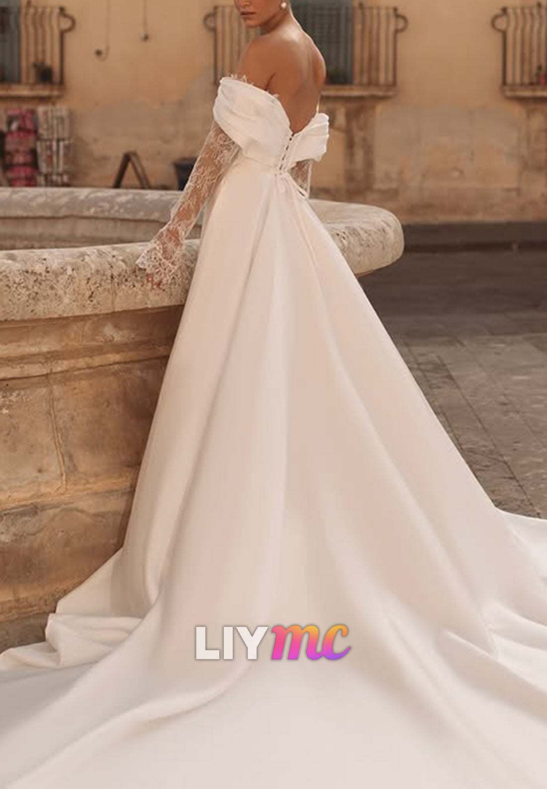 Off-the-Shoulder Lace Inset Slit Wedding Dress