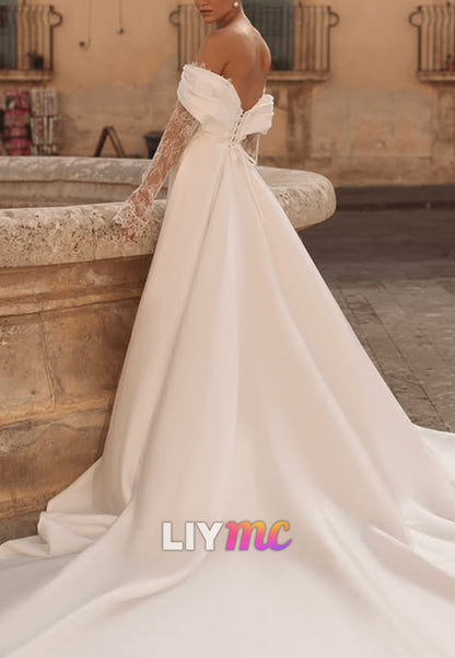Off-the-Shoulder Lace Inset Slit Wedding Dress