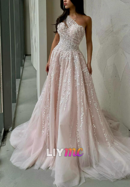 One-Shoulder Floral Applique Tulle Ball Gown