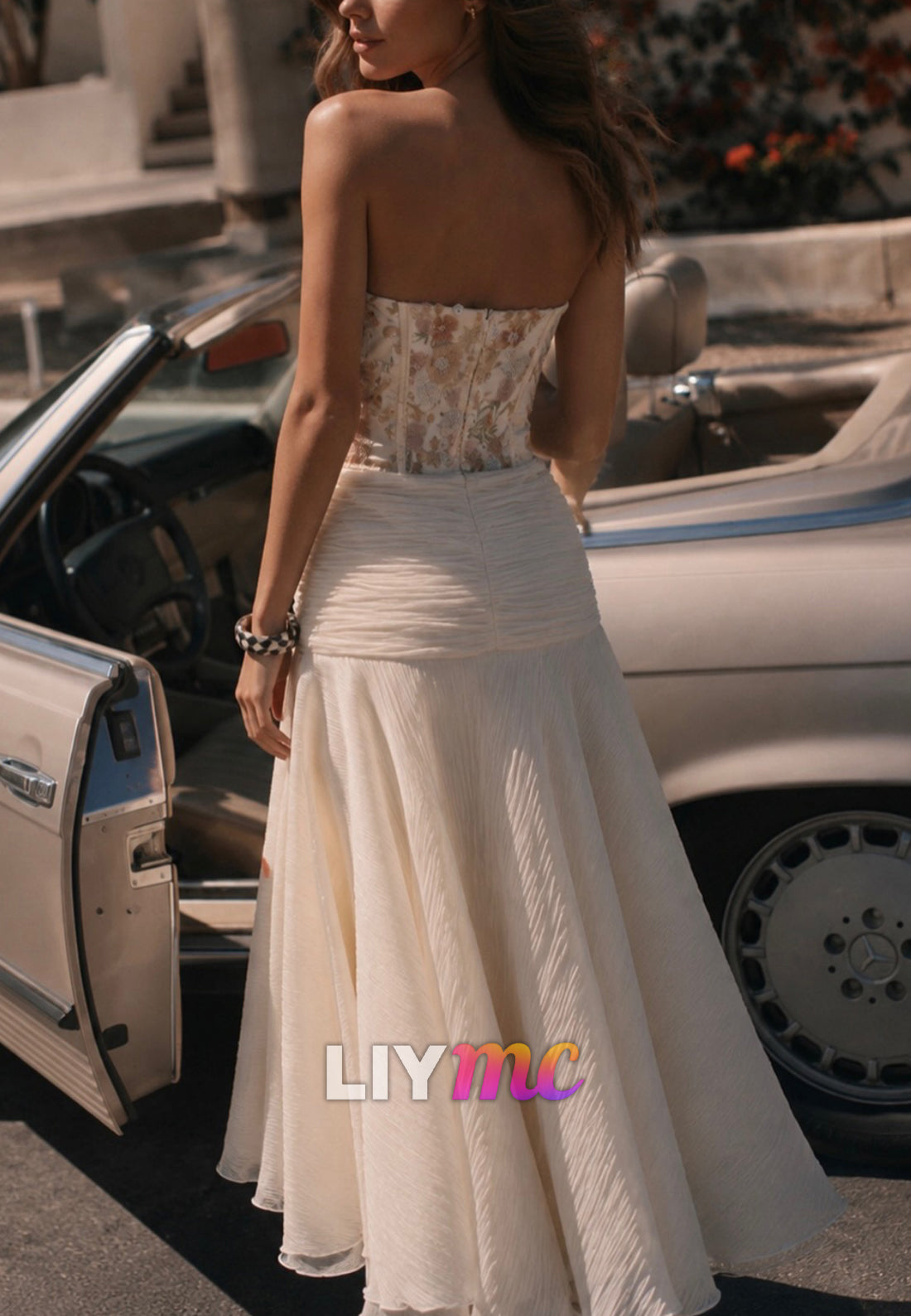 Strapless Floral Corset Chiffon Wedding Dress