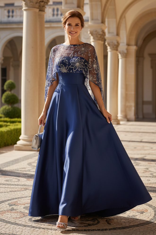 A-Line Evening Gown with Sequin Capelet