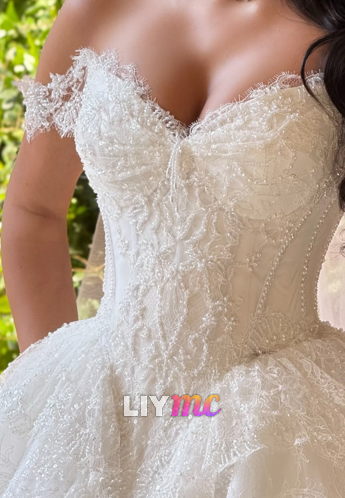 Beaded Lace Off-the-Shoulder Ball Gown