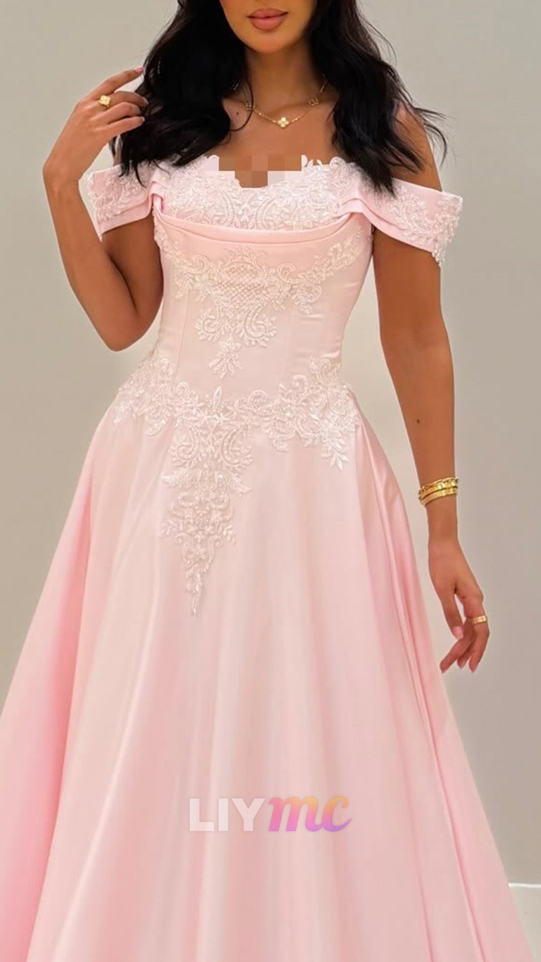 Off-the-Shoulder Lace Applique A-Line Gown