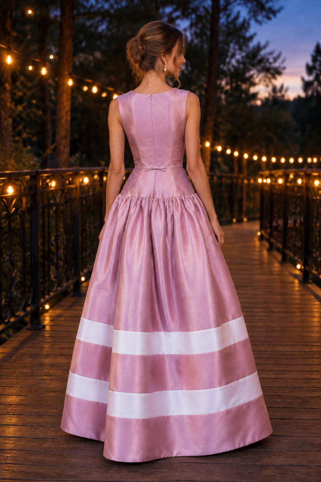 Drop Waist Ball Gown with Pearl Neckline & Bow
