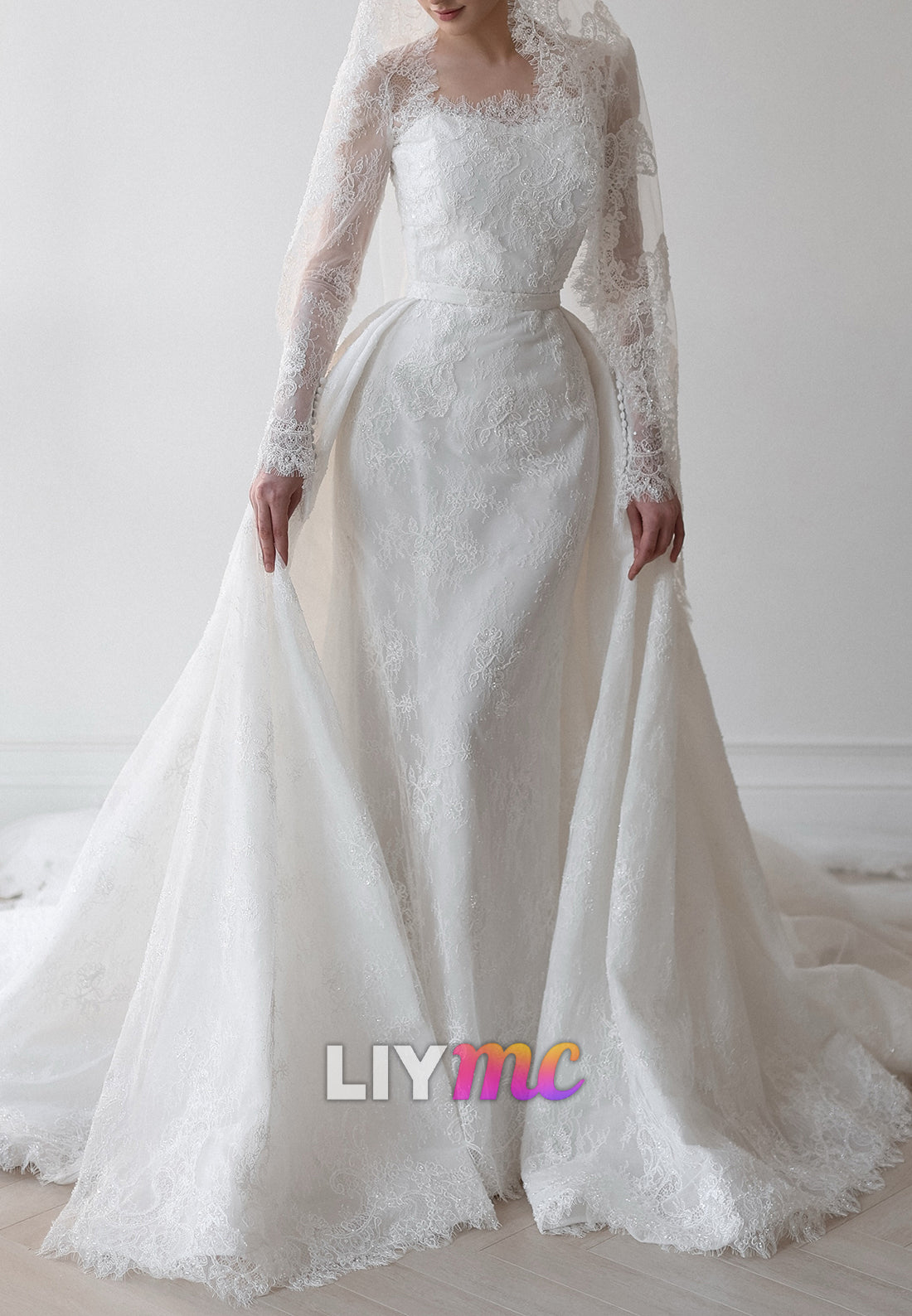 Long Sleeve Lace Wedding Dress with Detachable Train