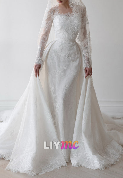 Long Sleeve Lace Wedding Dress with Detachable Train