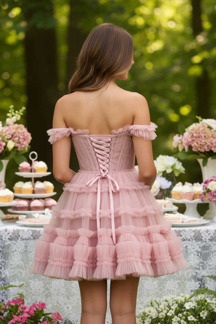 Off-the-Shoulder Ruffled Tulle Mini Dress with Corset