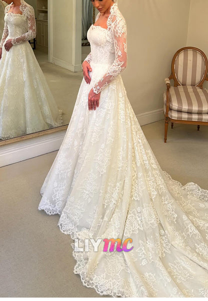 Long Sleeve Lace A-Line Wedding Dress with Cathedral Train